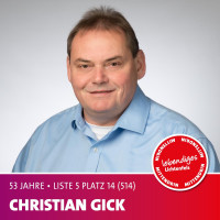 Christian Gick Alter: 53 Jahre | Beruf: Drucker Als Vorsitzender der Freien Turnerschaft Schney und als Mitglied der Frankenakademie möchte ich gerne an zukünftigen Lösungen für Bürger und Stadt mitarbeiten.
